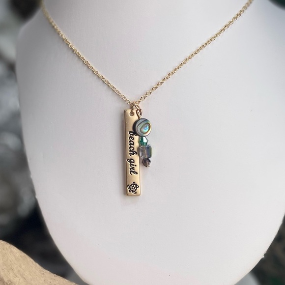 Gold or Silver Stamped BEACH GIRL Pendant w Abalone Shell Crystal Beads Necklace - Picture 13 of 16